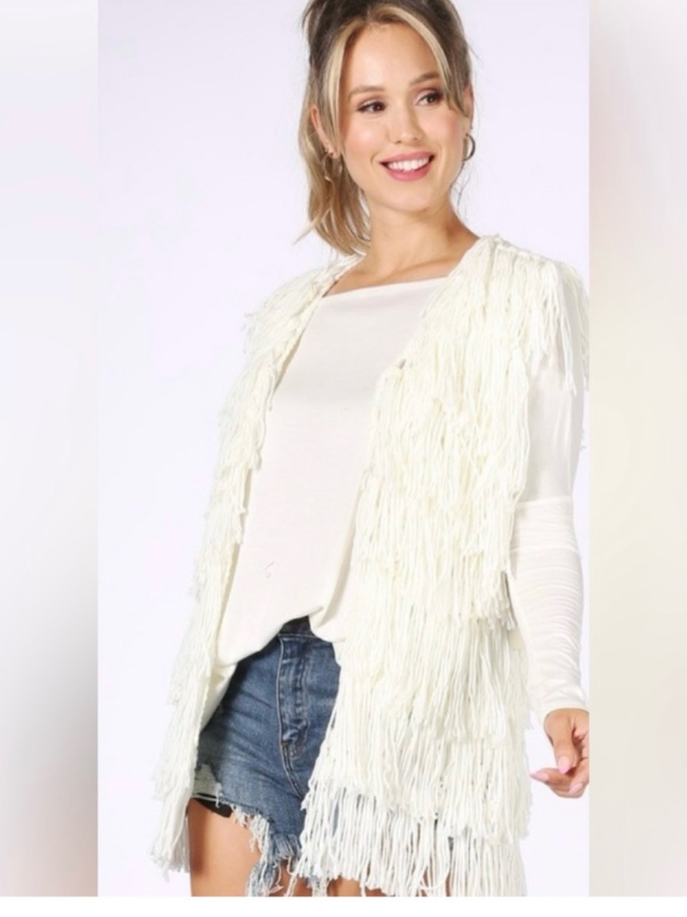 BOHO Cream Shaggy Fringe Vest Size Medium